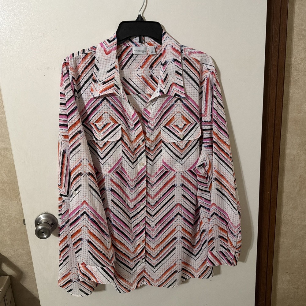 Kim Rogers Curvy Button Down Blouse, Size 3X, Lightweight, Multicolor Geometric